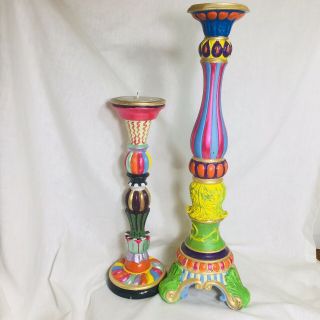 Fitz And Floyd Candle Holder Pair Bright Colorful Unique 15 " & 21 " Tall