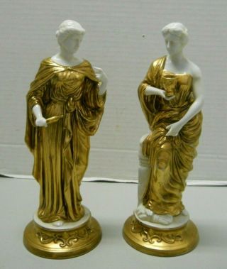 Vintage Greek Goddess Statue White Porcelain Gold Andrea By Sadek Set Of 2