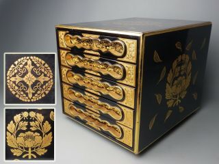 Japanese Buddhist Lacquered Gold Gilt Wood Drawer Candle Okyo Book Box Nr