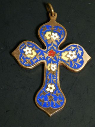 Antique 1800’s French Victorian Champleve Enamel Cloisonné Cross Pendant France