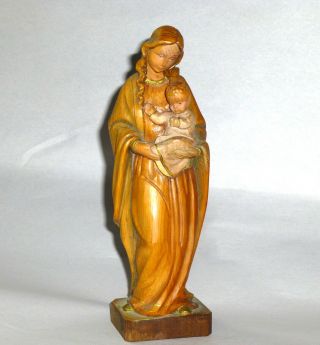 Antique Carved Wood 6 1/4 " Virgin Mary & Child Jesus - Luzern Switz.  Kirchenbedarf