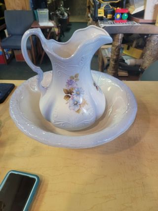 Antique Ironstone Wash Basin And Pitcher Blue Purple With Floral Design