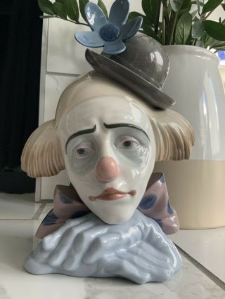 Retired Lladro 5130 “pensive Clown” Head Bust 10.  5” Sad Jester
