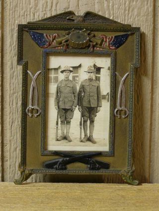 Antique Cast Iron Patriotic Us Military Pre - Wwi Picture Frame