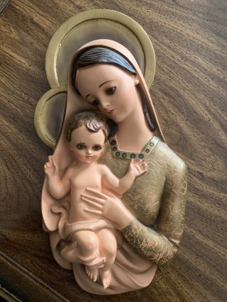 Vintage Virgin Mary Mother Child Baby Jesus 15” Chalkware Statue Plaque