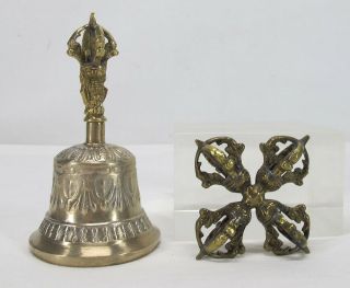 Buddha Buddhist Lama Tibetan Ghanta Bell Double Dorje Vajra Bronze Brass Yqz