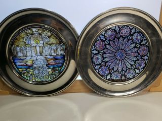 Set Of 2 Stained Glass Pewter Plates - Louis Comfort Tiffany,  Creation Rose