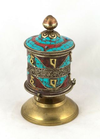 Antique Tibetan Table Top Prayer Wheel Inlaid Turquoise Stones Buddhist Prayers