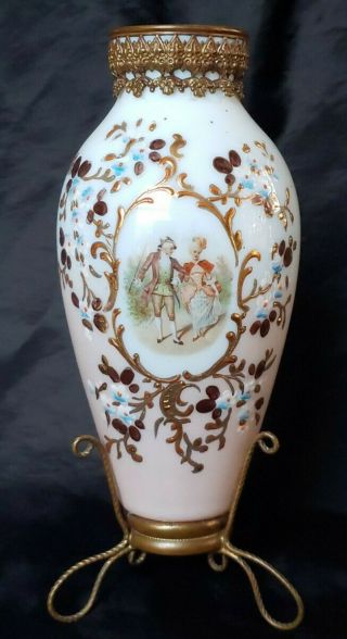 Antique Victorian Bristol Glass Hand Painted Vase In Bronze Filigree Frame