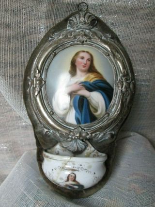 19th Century Madonna Hand Painted Porcelain In Sterling Holy Water Painted Font
