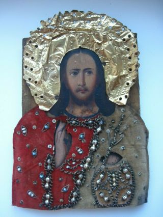 " Jesus Christ " Russian Orthodox Hand Painted On Wood Icon 19 C.