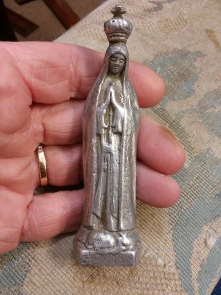 Antique Spanish Heavy Our Lady Of Fatima Aluminum Pocket Shrine Statue