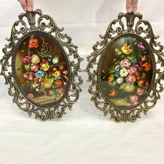 Vintage Ornate Picture Frame Of Flowers Italy Oval Glass 13 X 10 D2 Still Life