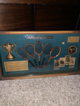 “the History Of The Tennis Racket” 1880 - 1950 Shadow Box.  Wimbleton.  20”x11”