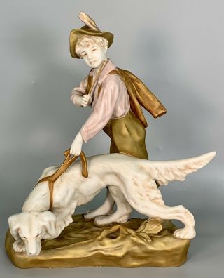 Antique Czech Royal Dux Porcelain Figurine Boy With Dog Hunting 13.  5 " Tall