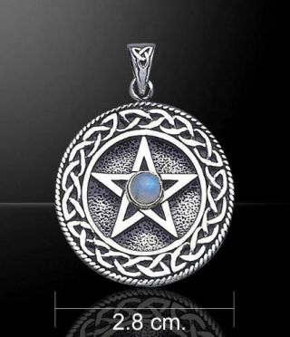 Celtic Knot Border & Moonstone Pentacle - Sterling Silver Wiccan/pagan