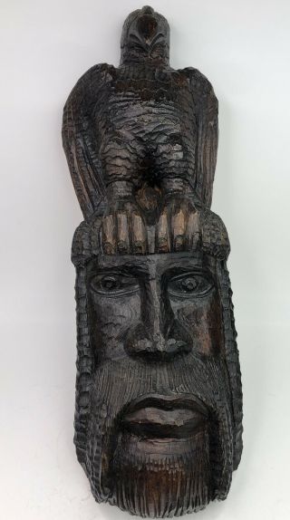Antique American Folk Art Carved Wood Black Forest Mask Figure Man Eagle Hanging