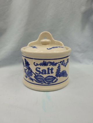 Blue White Stoneware Ceramic Salt Box Container W Lid Vintage Antique 1900 - 1940