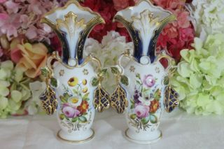 Pair,  Antique French Porcelain Fan Vases With Hand Painted Florals And Gilt