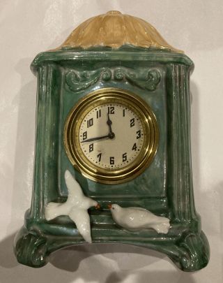 Great Green Antique German Art Nouveau Porcelain Mantle Clock With Birds