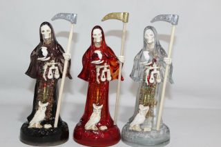 321 Juego 3 Statues Santa Muerte Belen Transparente Red,  White And Black 8 "