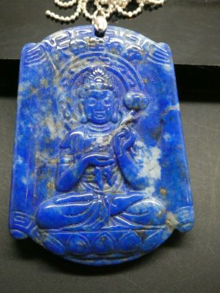 Goddess Quan Yin Carved Lapis Lotus Flower Vintage 925 Pendant Necklace 24 "