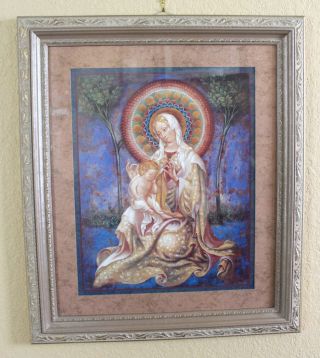 Mother Mary Madonna Child Baby Jesus Framed Art W Glass Signed Artist Xim 25 X29