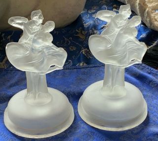 Set Of 2 Sculptured Dancing Couple 1940s Satin Frosted Glass Boudoir Lamp Base