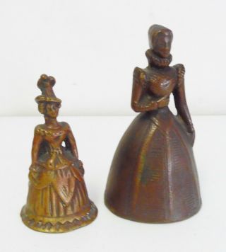 2 Antique Solid Bronze 19th Century Figural Lady Hand Bells