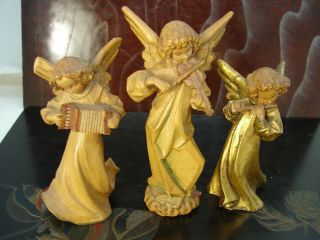 Set Of 3 Hand Carved Wooden Angels Playing Musical Instruments Lmca12