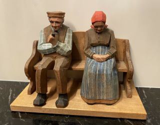 Vtg Anri Hand Carved Wood Figurines Old Couple Pipe Smoking Man Woman On A Bench
