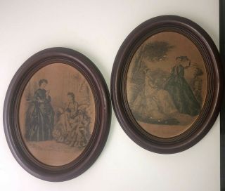 2 Vtg Ornate Oval Wood Framed Wall Picture Of Victorian Ladies La Mode Ilustree.