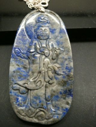 Quan Yin Lapis Gemstone Bodhisattva Goddess Of Compassion 925 Pendant Necklace