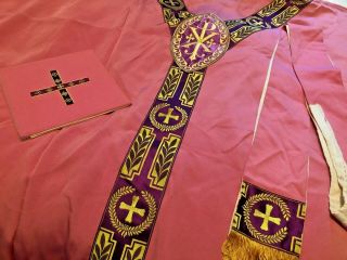 3 Pc.  Vintage Catholic Priests Pink Rose Purple & Gold Chasuble Set
