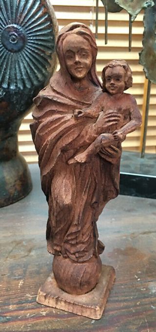Antique / Vintage Carved Wood Mary And Baby Jesus Santos Statue