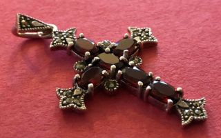Vintage Catholic Religious Holy Medal - Sterling Cross - Marcasite / Red Stones