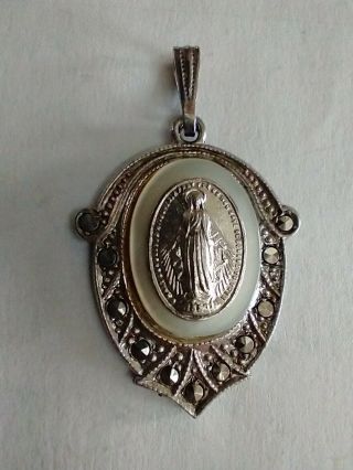 Vintage Catholic Sterling Silver Miraculous Medal Mary Hematite Stones Religious