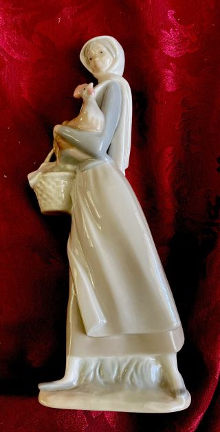 Vintage - Lladro - Porcelain Figurine /lady /girl With Rooster /chicken & Basket