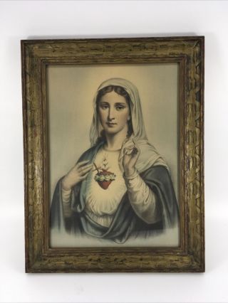 Vintage Catholic Religious Framed Print Virgin Mary Immaculate Heart 12 X 16