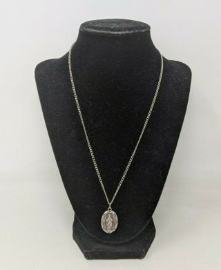 Vtg Sterling Silver Our Lady Of Mt Carmel Pray Medal Pendant Chain Necklace