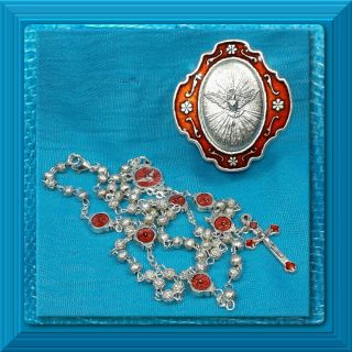 HOLY SPIRIT Catholic Rosary Medal 2 - Tone Case Rosebud Beads ITALIAN DOVE Ret:$45 2
