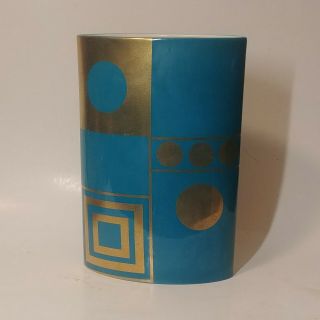 Jonathan Adler Turquoise And Gold Geometric Oval Handmade Ceramic Vase H - 8.  5 "