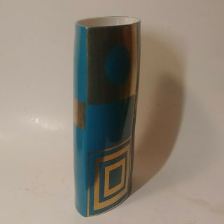 Jonathan Adler Turquoise and Gold Geometric Oval Handmade Ceramic Vase H - 8.  5 