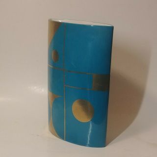 Jonathan Adler Turquoise and Gold Geometric Oval Handmade Ceramic Vase H - 8.  5 