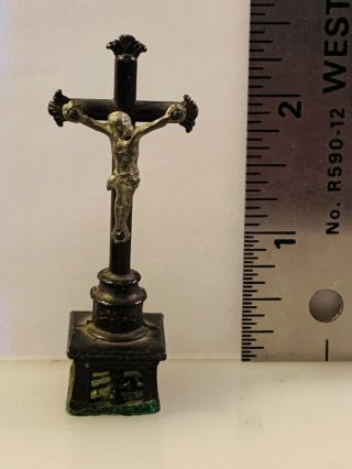 Antique Religious Pocket Shrine Miniature 2.  5  Crucifix Cross Altar Figure