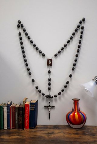 Large Wall Rosary With Dark Wood Beads And Madonna / Child Center Piece