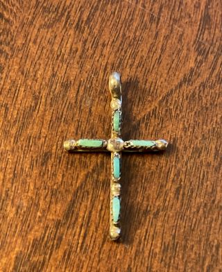 1800’s Antique Vintage Sterling Silver Victorian Turquoise Inlay Cross Pendant