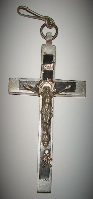 Vintage Pectoral Crucifix Metal & Ebony Wood Skull Crossbones Germany 3.  5” Lotb