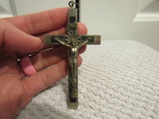 Vintage Pectoral Crucifix Metal & Ebony Wood Skull Crossbones Germany 3.  5 "