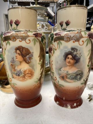 2 - Antique Victorian Edwardian Opaque Glass Hand Painted Portrait 12 1/4” Vases